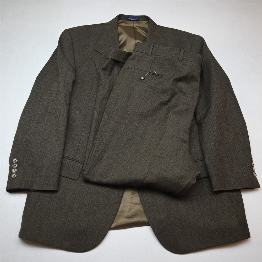 Vtg USA Made 46S 40x29 Brown Herringbone 100% Wool Flannel Jacket Pants Suit